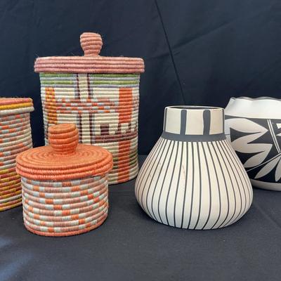 Acoma Pottery Vase & Bowl | African Handmade Lidded Baskets | Tribal Art Decor