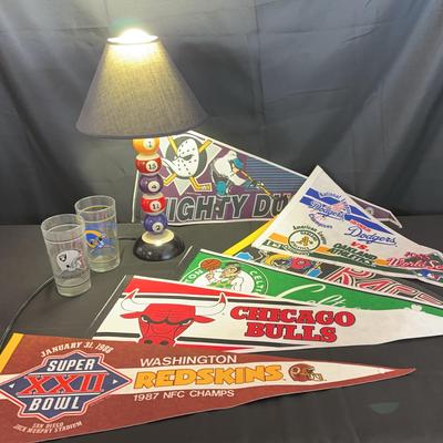 Vintage Sports Fan Lot | Team Pennants, Pool Ball Lamp, NFL Glassware – Raiders, Rams & More