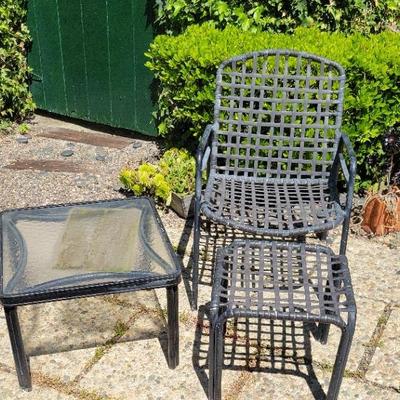 Outdoor Patio Set | Wrought Iron Chair, Ottoman & Glass-Top Side Table