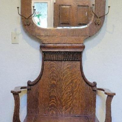 Oak Hall Tree with Mirror & Storage Bench | Ornate Carvings & Coat Hooks