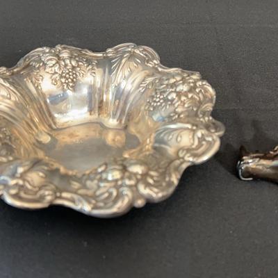Sterling Silver Repoussé Bowl  & Weighted Sterling Rhino Head Bottle Stopper with Cork