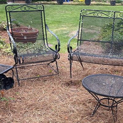 Five Metal Pieces Of Lawn Furniture With Stone Pieces And Metal Candle Holders