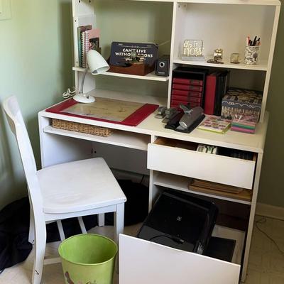 White Wood-Like Desk And Chair With Supplies And HP Printer 