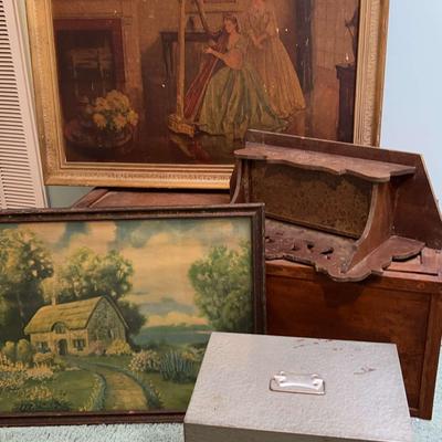 Vintage Pictures, Small Shelf With A Drawer, Wood Chest And A Metal File Storage