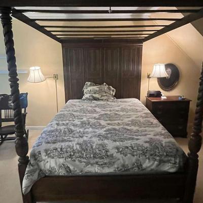 Elegant Carved Wood Queen Canopy Bed Frame with Mattress