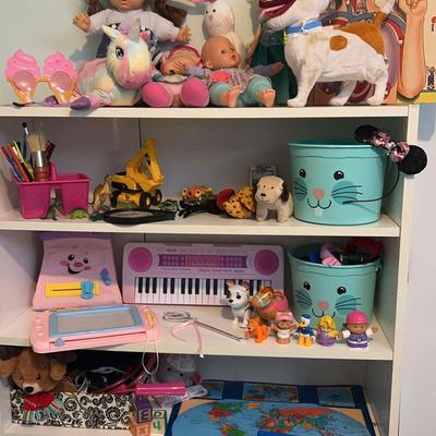 Dolls, Children’s Books And Some LEGO Duplo Including Shelf