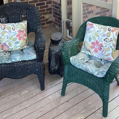Two Rattan Outdoor Chairs And Elephant Table