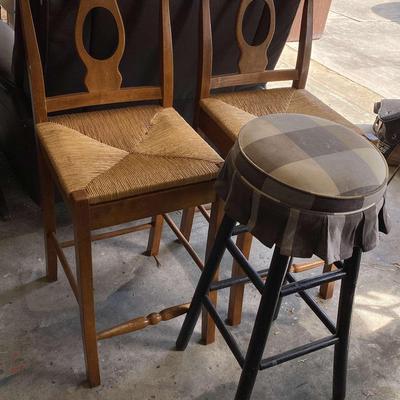 Two 24” Wood Bar Stools With Rush Seats