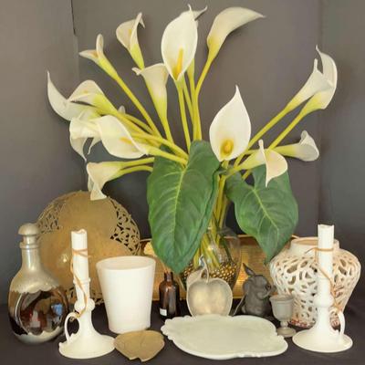 Beautiful Decor Which Includes A Dutch And Glass Decanter And Milk Glass Vanity Tray