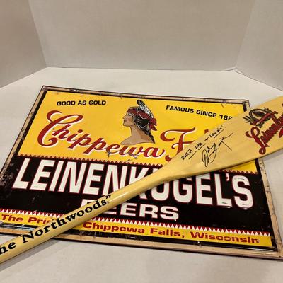 Leinenkugel Paddle Signed by Jake Leinenkugel and Metal Sign