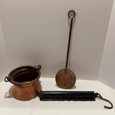 Copper Pot with Patina, Large Metal Strainer Spoon, Old Hanging Scale