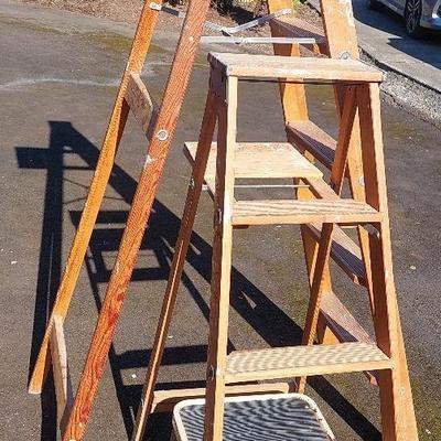 Two Wooden Ladders & Step