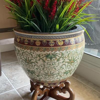 Chinese Porcelain Vessel With Wooden Stand With Red Faux Floral 