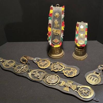 Traditional Swiss Cowbells (2) & Vintage Horse Harness Brass Medallions on Leather
