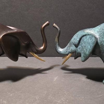 (2) Original Loet Vanderveen Bronze Sculptures - "Feeding Elephants"