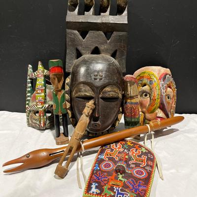 Items from Around the World - Mexican Mask, Ivory Coast Yaouré Mask, American Indian Flute, Etc, 