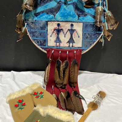 Native Ghost Dance Shield & Inuit Leather & Fur Gloves