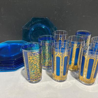 Vintage Mid-Century Firenza Highball Glasses & Fostoria Octagonal Electric Blue Luncheon Plates 