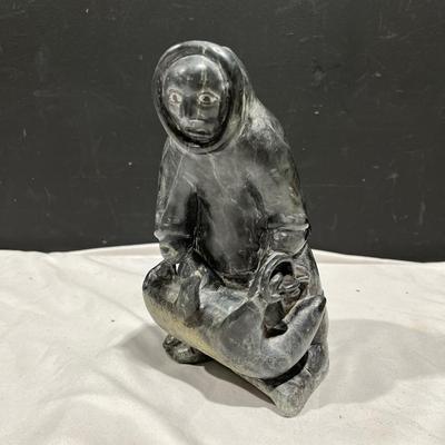 Vntg Inuit Soapstone Carving Depicting a Hunter with a Seal