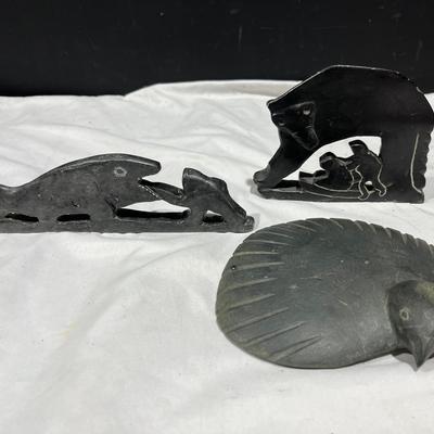 Vntg Canadian Inuit Soapstone Wolf & Pups, Fish, & Hawk Sculptures