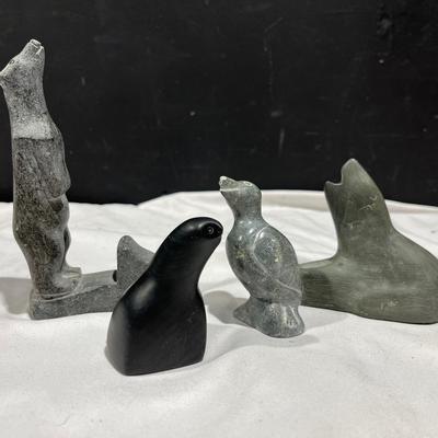 Vntg Canadian Inuit Soapstone Bear, Wolf, Owl & Bird Sculpture