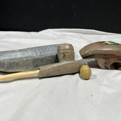Carved Stone & Turquoise Bear, Soapstone Pipe, Tray & Egg