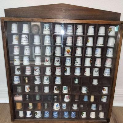 Vintage Collectible 50 State Thimble Collection + More In Vintage Wooden Display Shelf