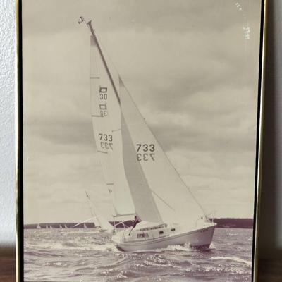 Black And White Vintage Printed Sailboat Photo In Frame