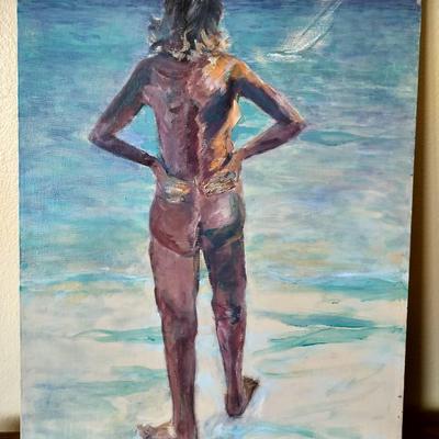 "Nothing For Rick" Signed Beachside Nude Hand Painted Vintage 2002 Painting