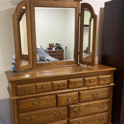 Vintage Wooden 9 Drawer Tri Mirror Dresser 