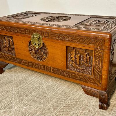 Asian Carved Wood Chest - 30x14.5x14”