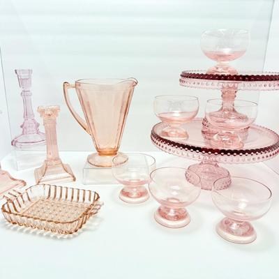 Vintage Pink Depression Glass: Candle Holders, Cake Stands, Ice Cream Bowls, Pitcher