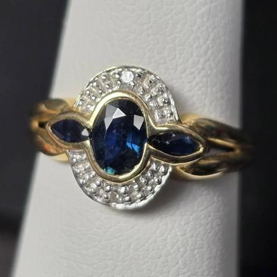 14K Gold Sapphire Ring with Diamond Accents - Size 5