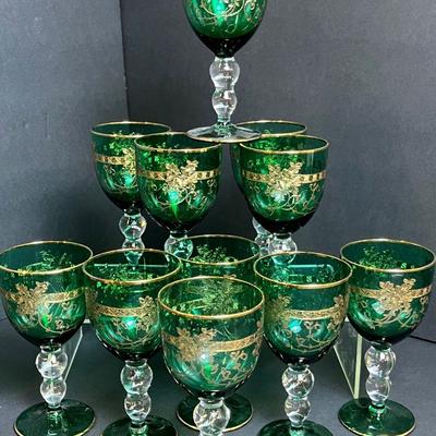 Vintage Tiffin-Style Green & Gold Wine Glasses