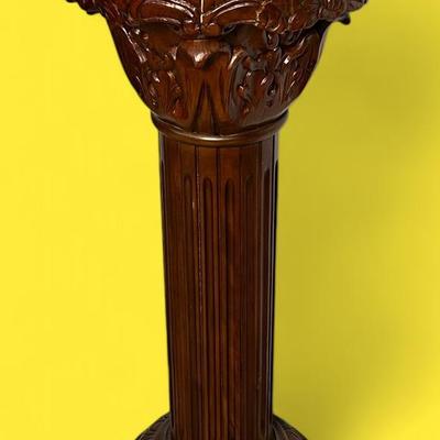 Carved Wood Marble Top Columnar Pedestal Plant Stand 16x36” - Lot 1