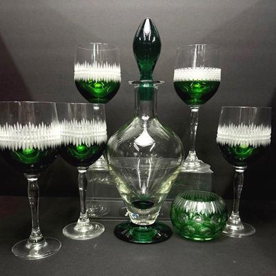 Green & Clear Glass Decanters, Wine Glasses And Bowl