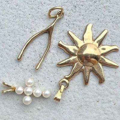 14k Gold Marked Pendants: Sun, Wishbone, Cross With Seed Pearls