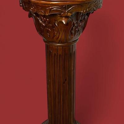 Carved Wood Marble Top Columnar Pedestal Plant Stand 16x36” - Lot 2
