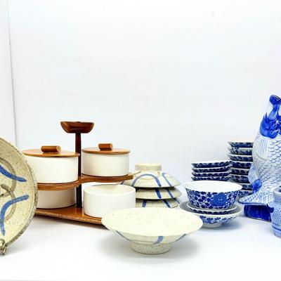 Williams Sonoma Fish Vase, Asian Blue & White Dishware, Vintage Bamboo Lacquer Caddy