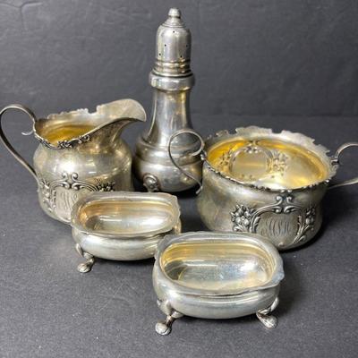 Sterling Silver (Marked) Harris & Shafer Creamer & Sugar Plus Salt Shaker & Cellars