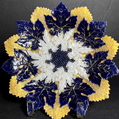 Antique Meissen Blue & Gold Maple Leaf Plate - 10.5” Diameter