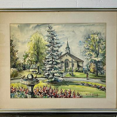 Mid Century Painting of Church In Landscape, Signed & Dated 1964 - Framed 31x37”