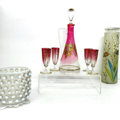 Antique Raised Enamel Vase, Decanter Set, Opalescent Hobnail Jar