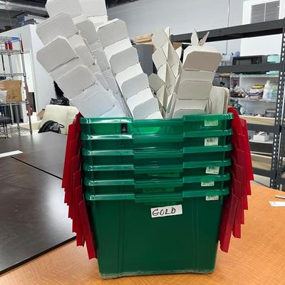 Container Store Green & Red Plastic Bins with Cardboard Dividers