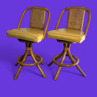 Vintage Ratan Swivel Bar Stools - 18x15x35”