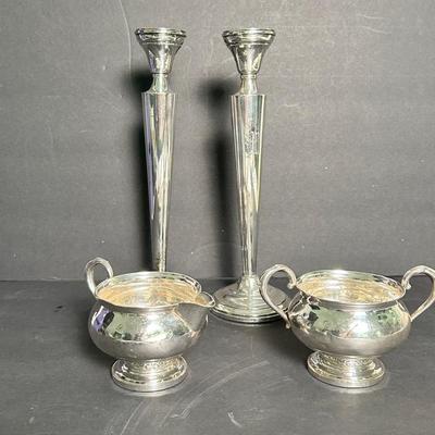 Weighted Sterling Candleholders 9.5” And Weighted Sterling Cream And Sugar