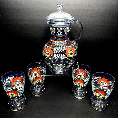Hand Painted Czech Glass 12"  Pitcher & 5.25" Glasses (4)