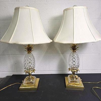 Glass & Brass Pineapple Table Lamp Pair - 30”