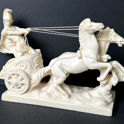 Italian A. Santini Roman Chariot Sculpture – Gladiator & Horses