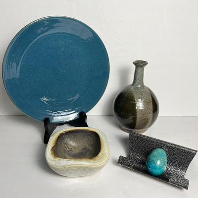 Hand Crafted Pottery Vase, Platter, Dish And Alabaster Egg